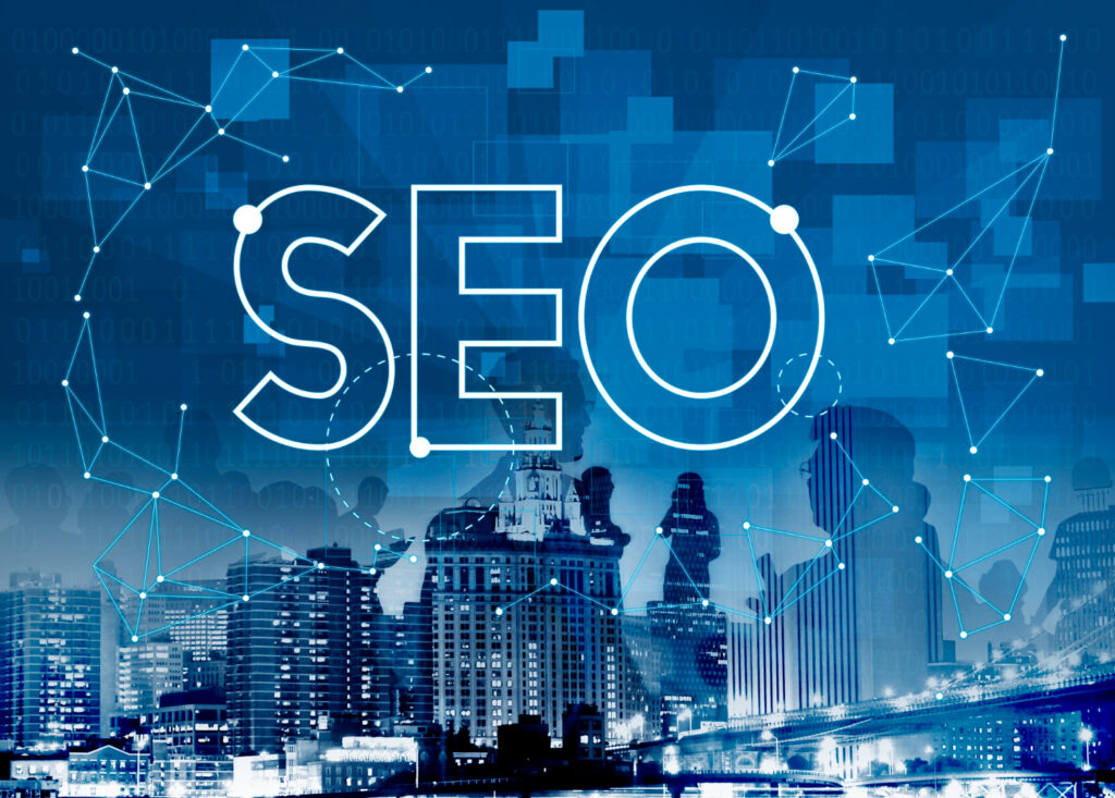 SEO graphic representing the importance of search engine optimization with a cityscape background