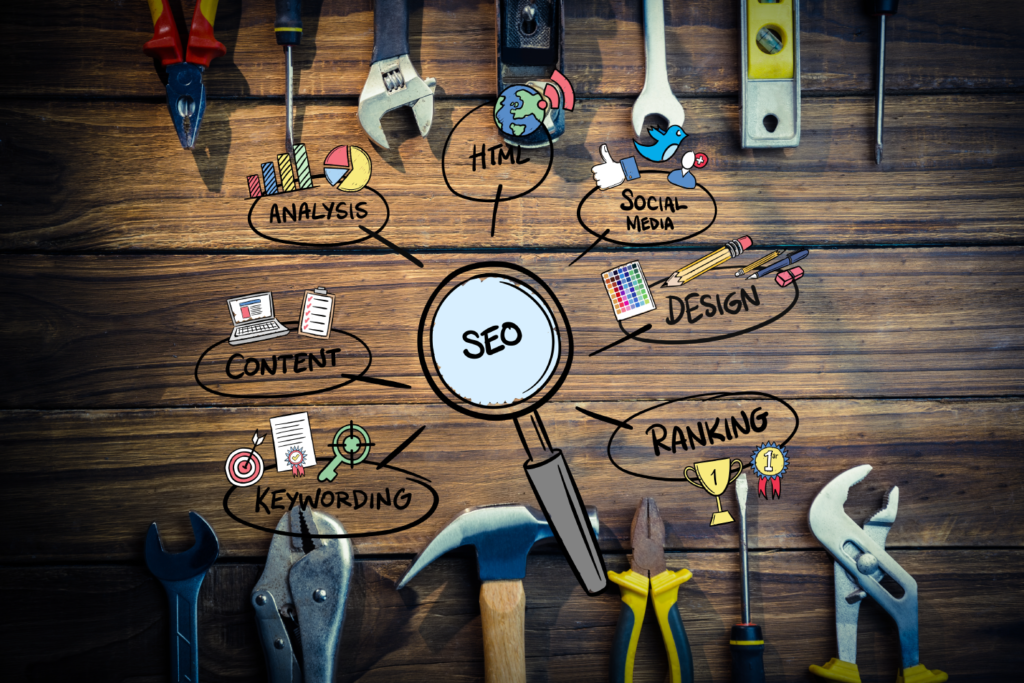 Illustration of best enterprise SEO tools concept with a magnifying glass focusing on SEO, surrounded by related elements like content, social media, design, ranking, and keywording on a wooden background.