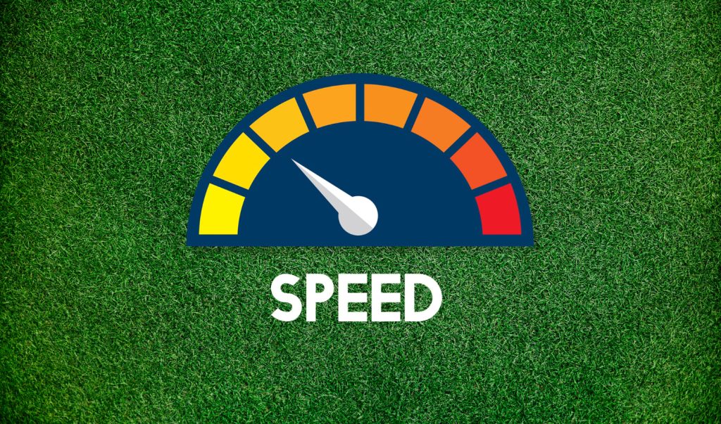 Speed meter with a needle pointing to the left on a green grass background, indicating low speed.