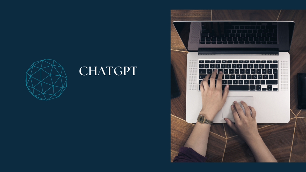 Image showing a person typing on a laptop keyboard, with the word 'ChatGPT' and a geometric globe icon on a dark blue background.